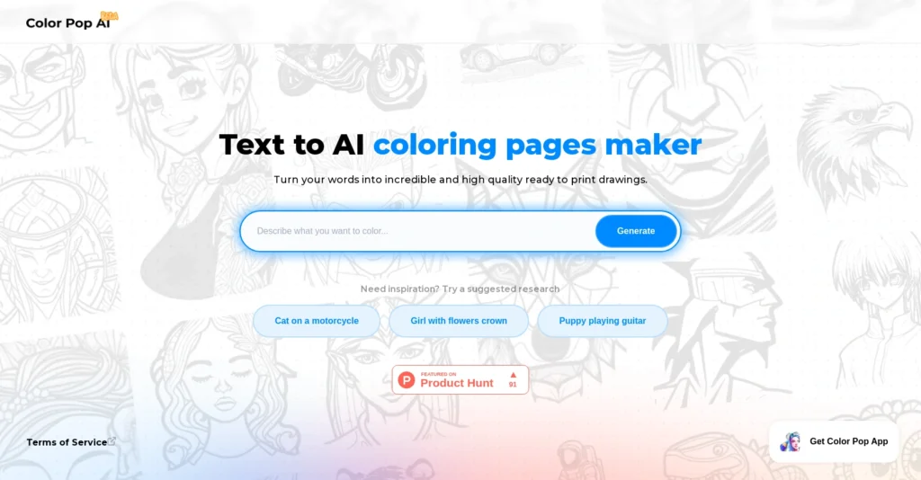 Color Pop AI interface showing homepage