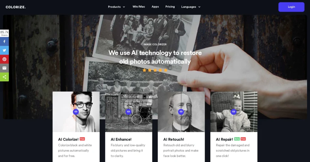 Colorize interface showing homepage
