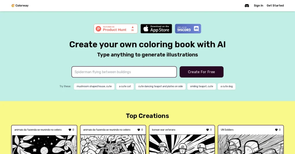 Colorway interface showing homepage