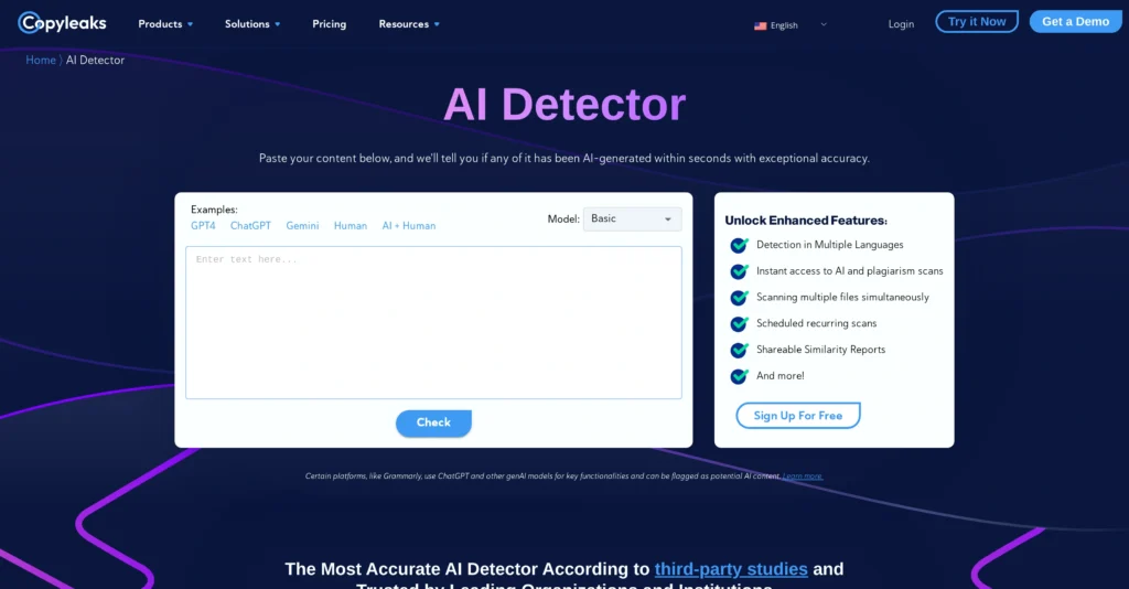 Copyleaks - AI content detector interface showing homepage
