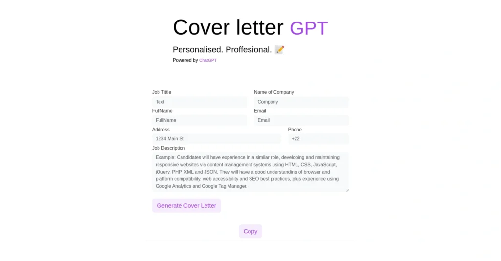 Coverletter-gpt interface showing homepage