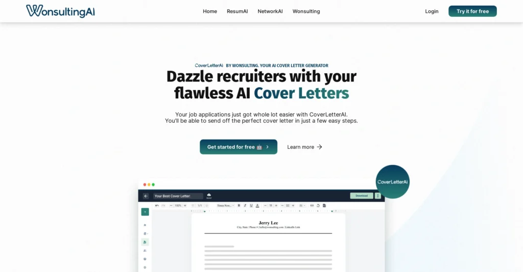 CoverletterAI by Wonsulting interface showing homepage
