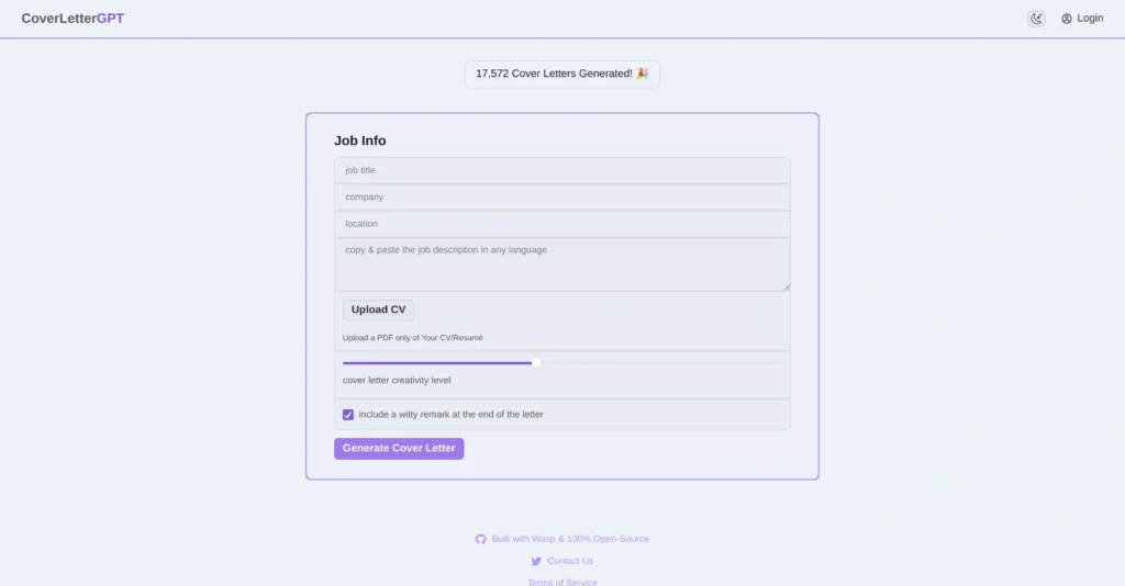 CoverLetterGPT interface showing homepage
