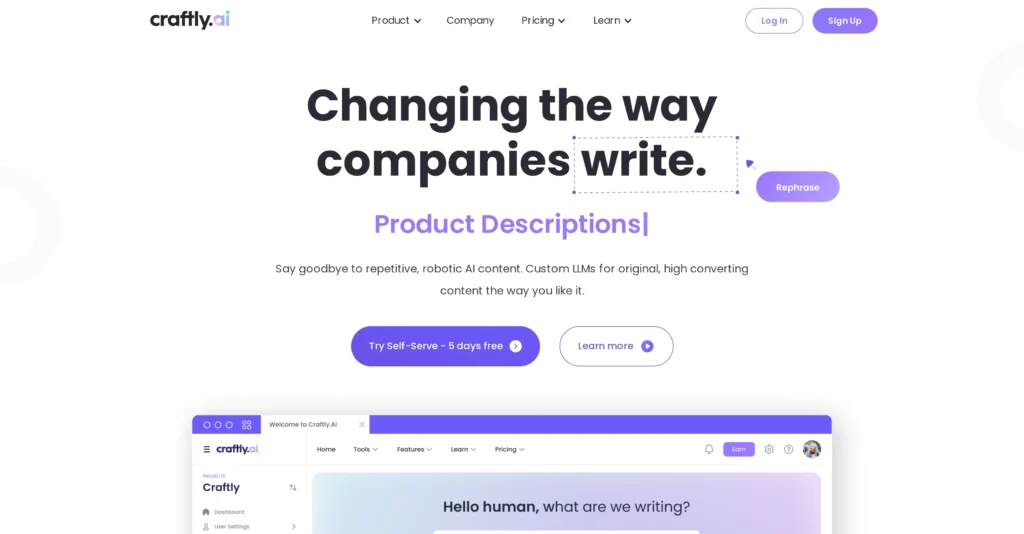 Craftly.AI interface showing homepage
