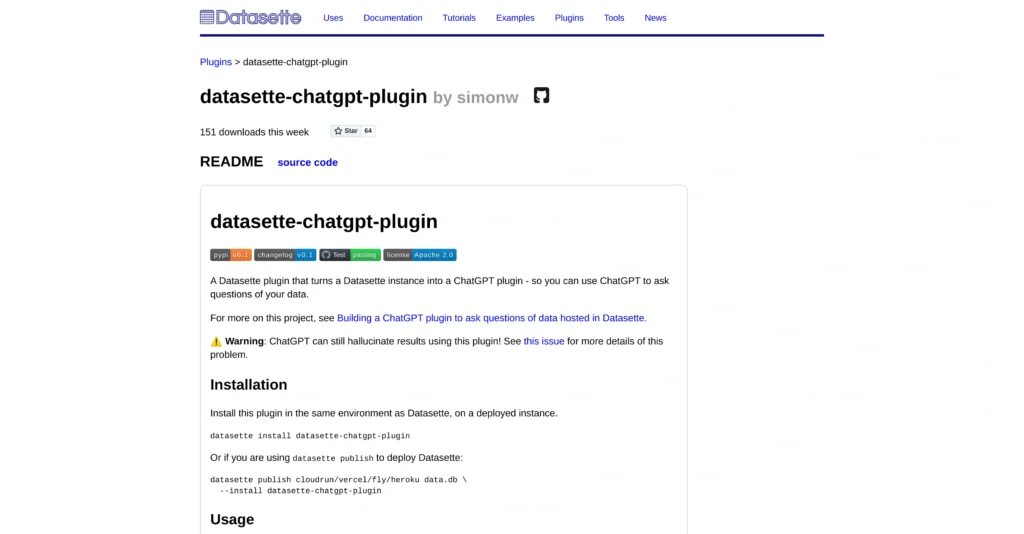 Datasette ChatGPT plugin interface showing homepage