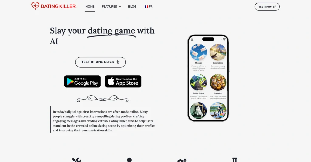 DatingKiller interface showing homepage