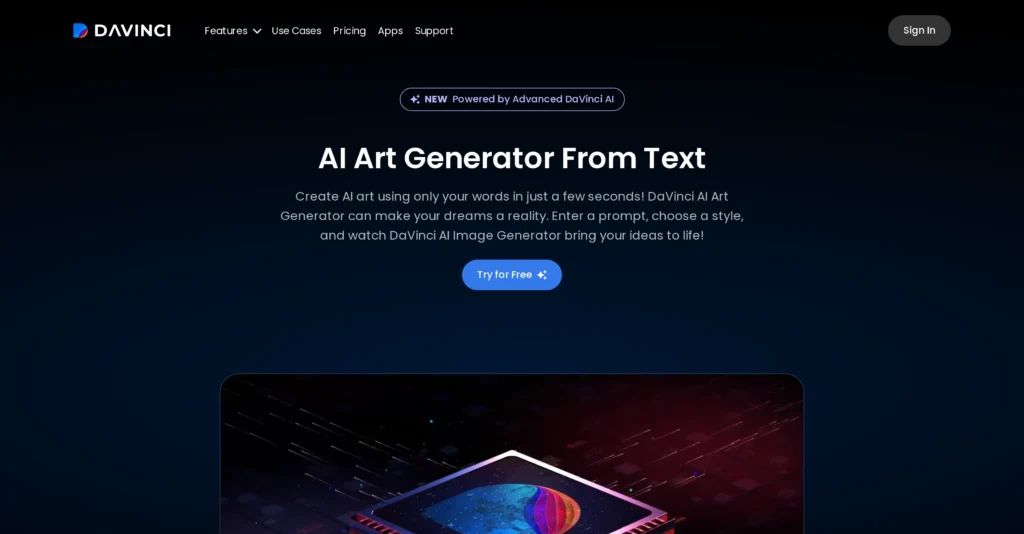 DaVinci - AI Art Generator interface showing homepage