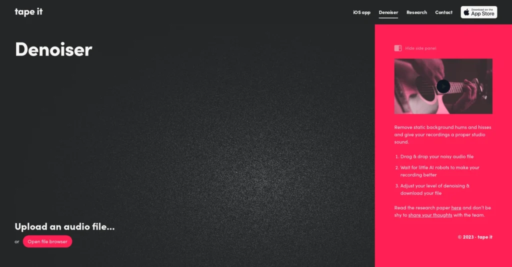 Denoiser by TapeIt interface showing homepage