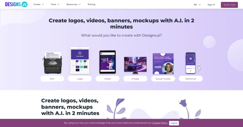 Designs AI interface showing homepage