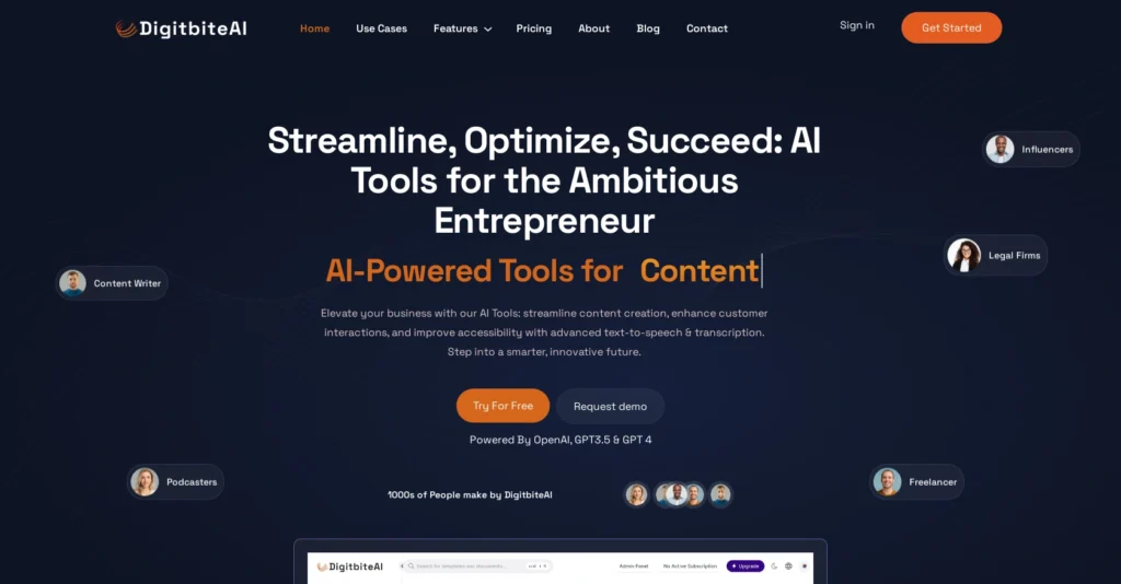 DigitbiteAI interface showing homepage