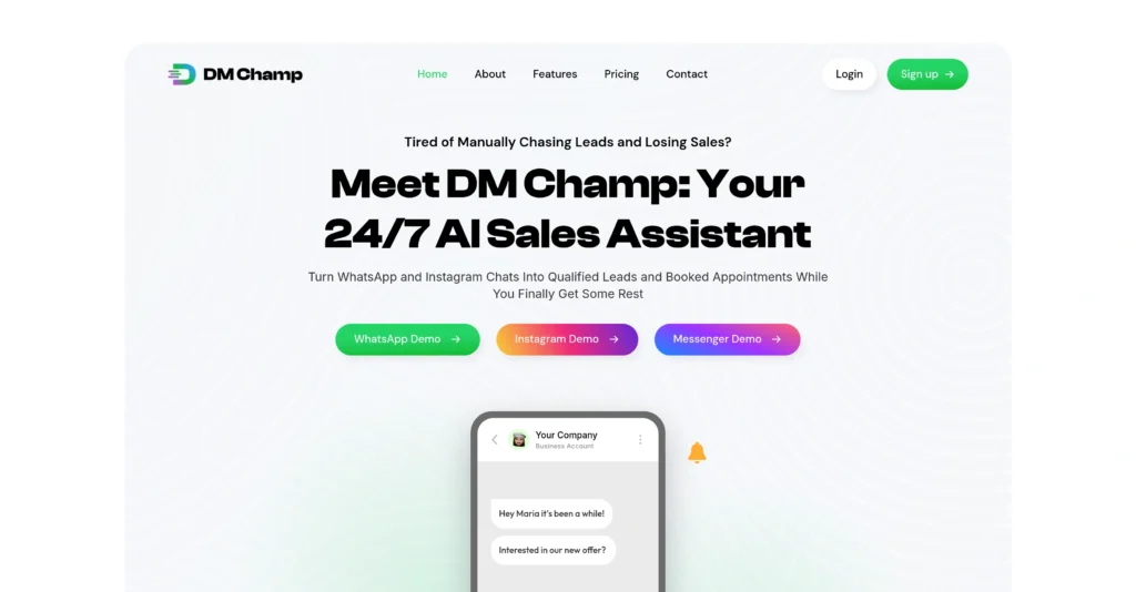 DM Champ interface showing homepage