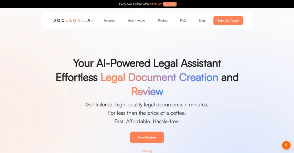 DocLegal.ai interface showing homepage