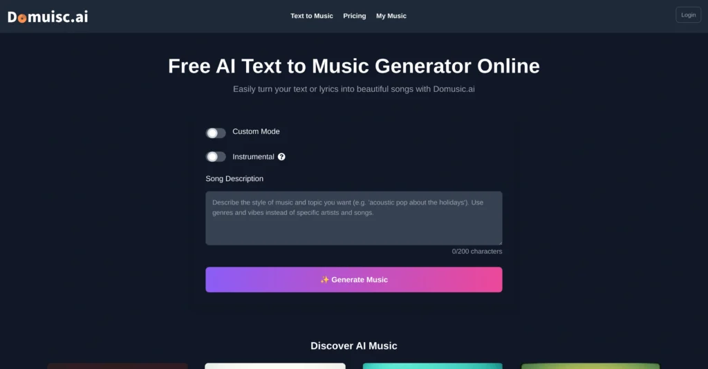 Domusic.ai interface showing homepage