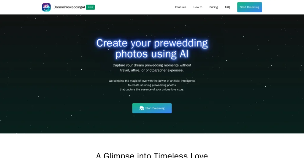 Dream Prewedding interface showing homepage