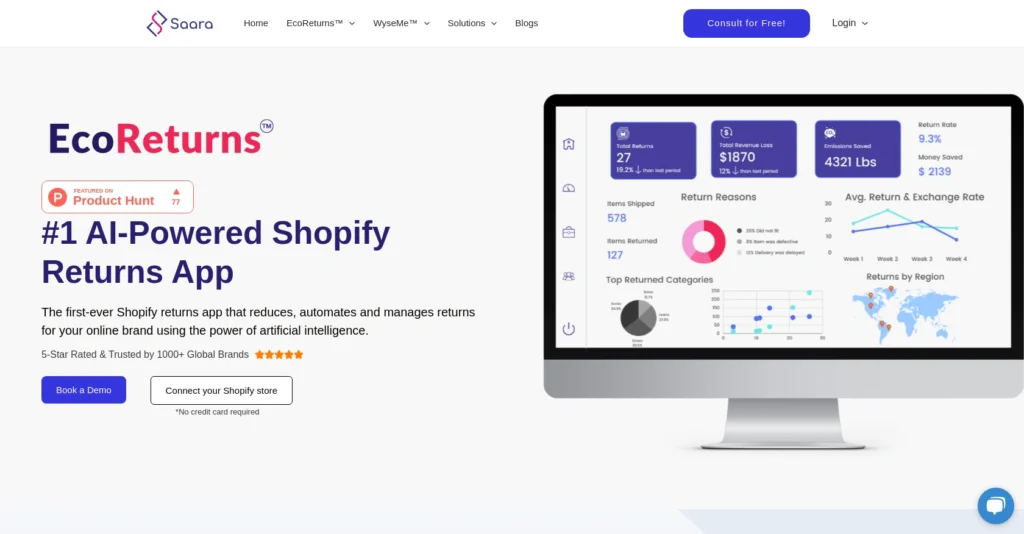 EcoReturns interface showing homepage