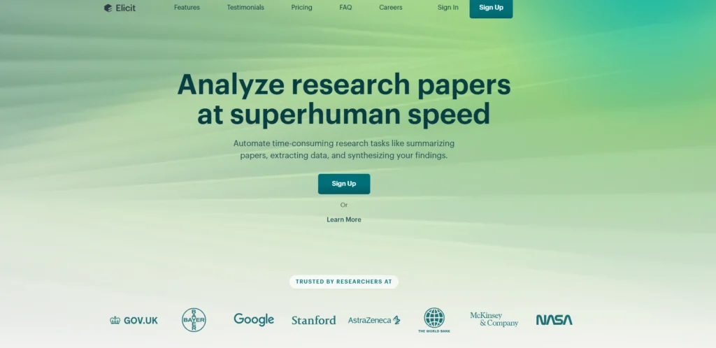 Elicit interface showing homepage