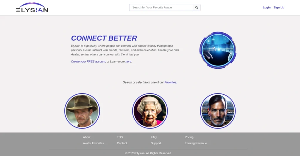 ELYSIAN interface showing homepage
