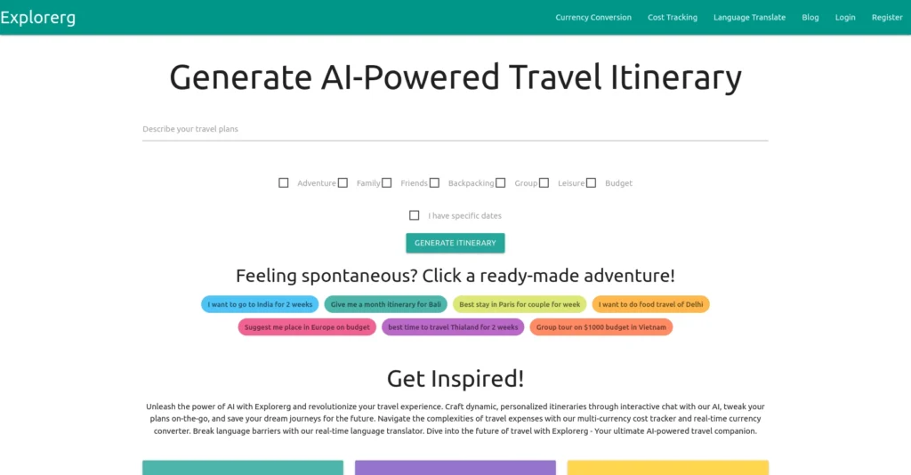 Explorerg interface showing homepage