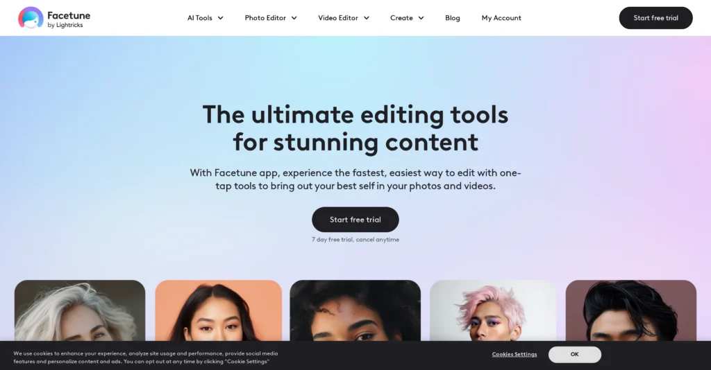 Facetune interface showing homepage