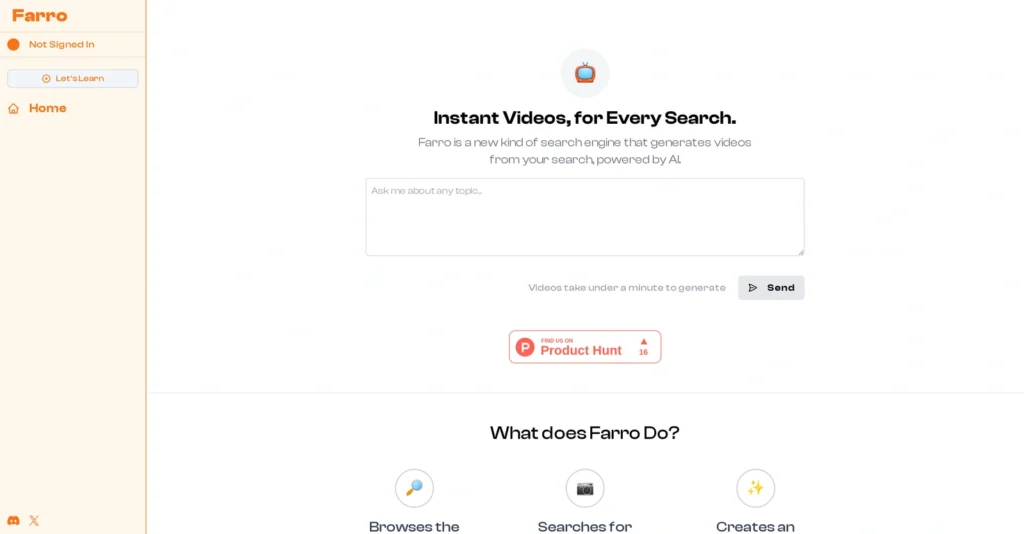 Farro interface showing homepage