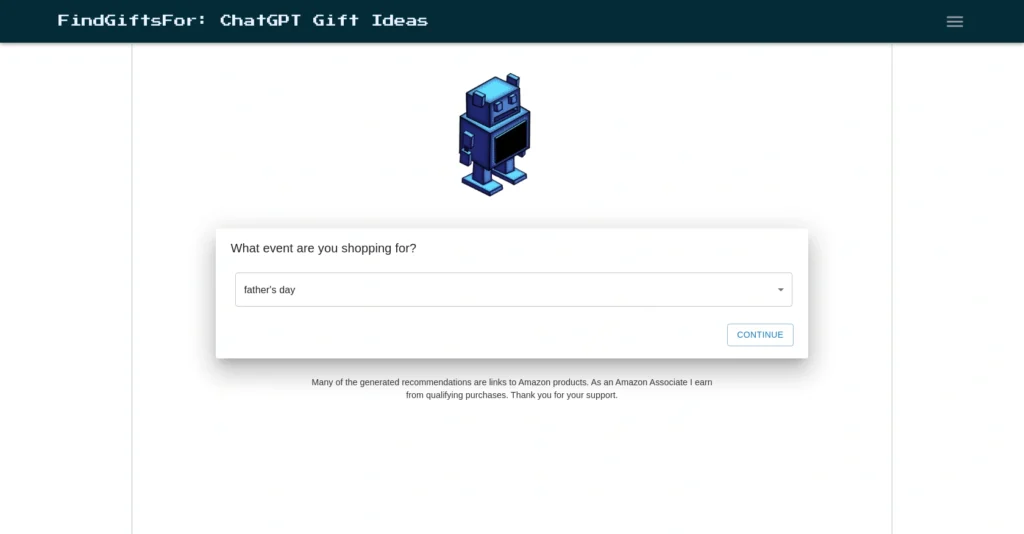 Findgiftsfor interface showing homepage