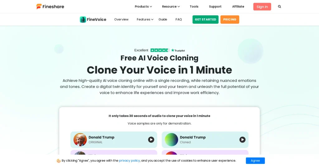 FineVoice AI Voice Cloning interface showing homepage