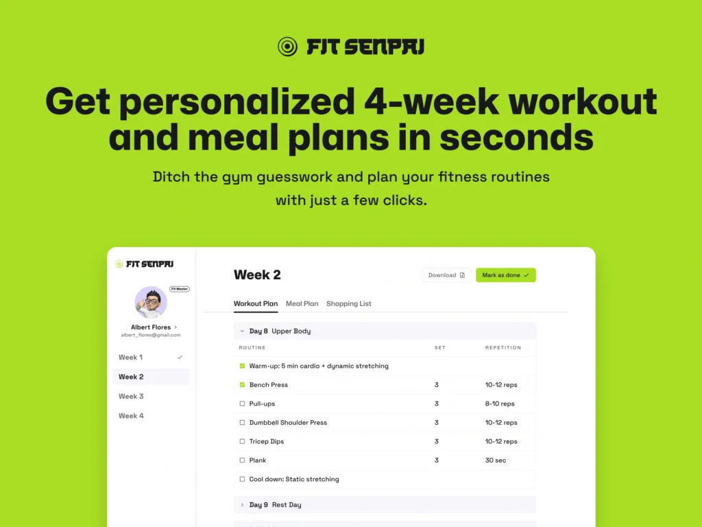 Fit Senpai interface showing homepage