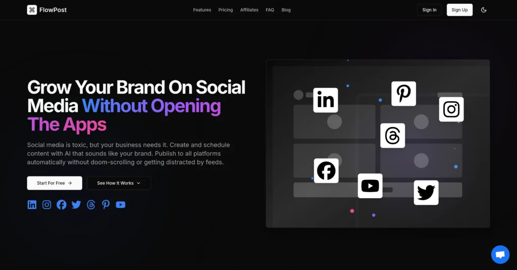 FlowPostv2.0.0 interface showing homepage