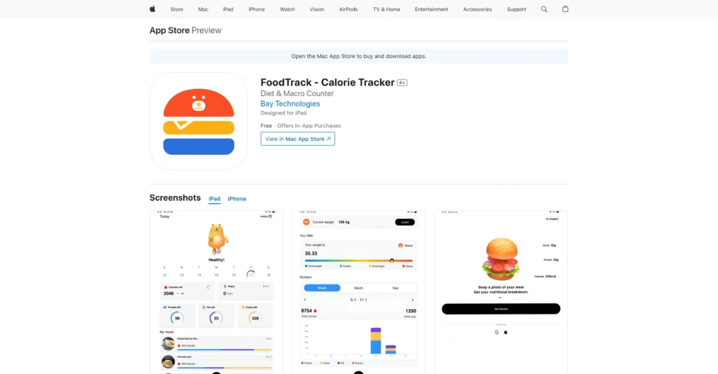 FoodTrack - Calorie Tracker interface showing homepage