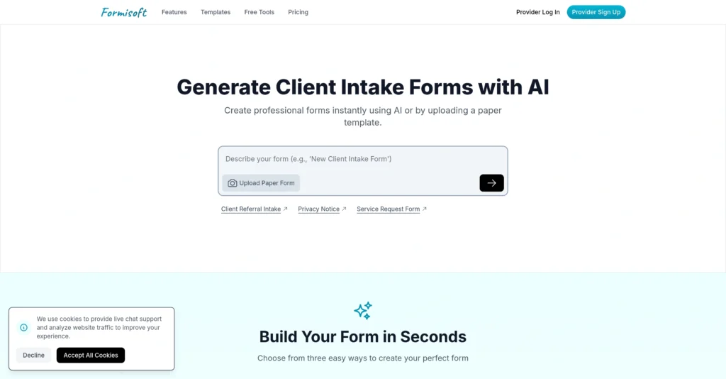 Formisoft interface showing homepage