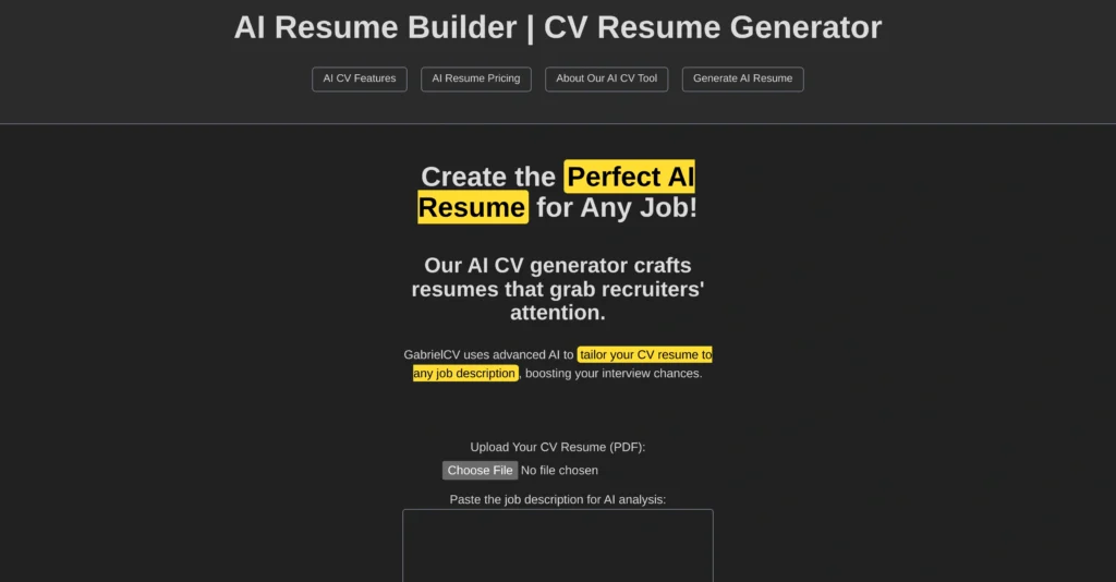 GabrielCV interface showing homepage
