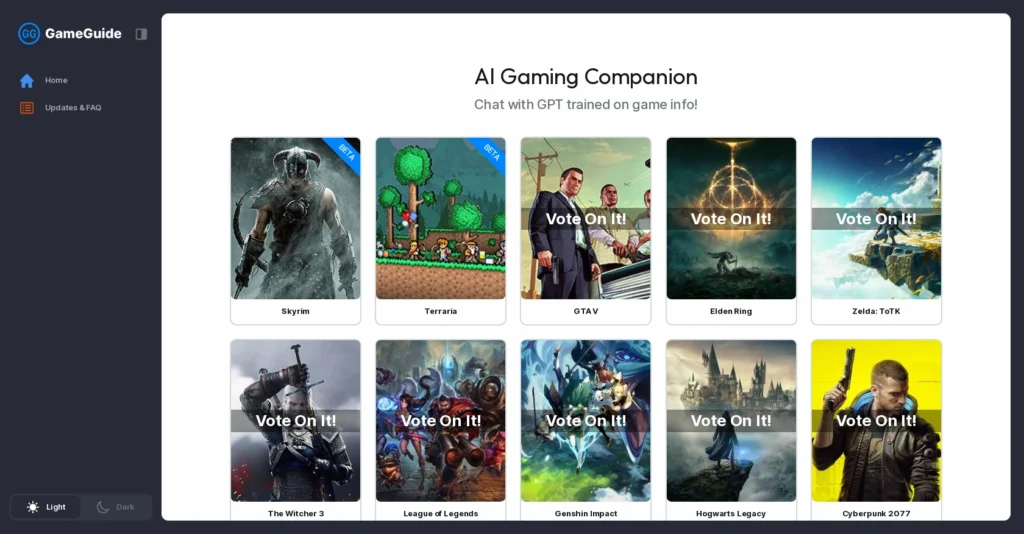 GameGuide interface showing homepage