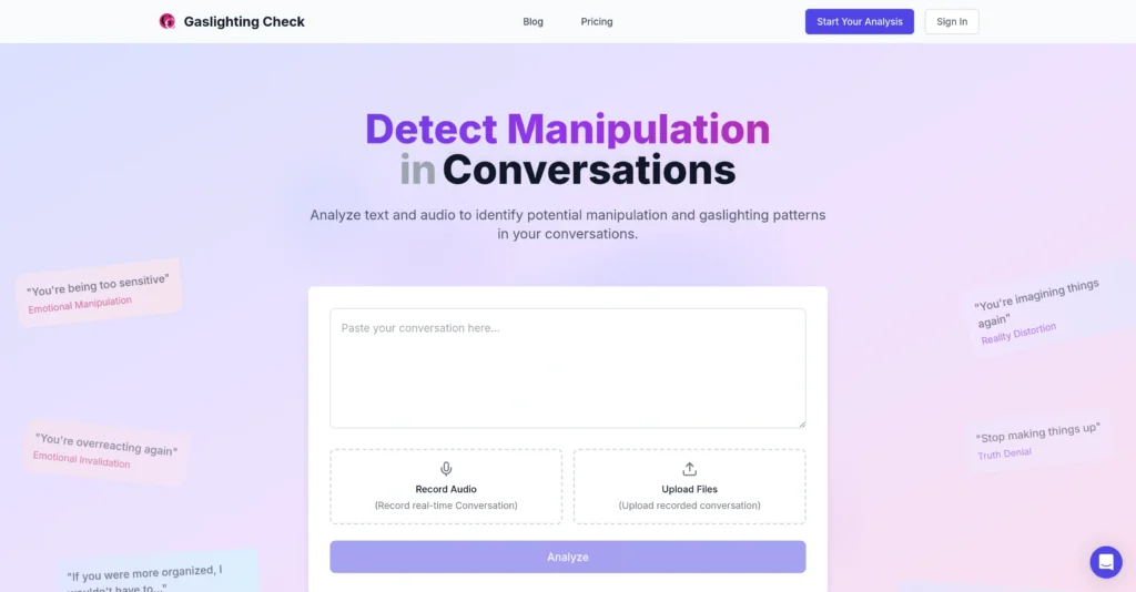 Gaslighting Check interface showing homepage