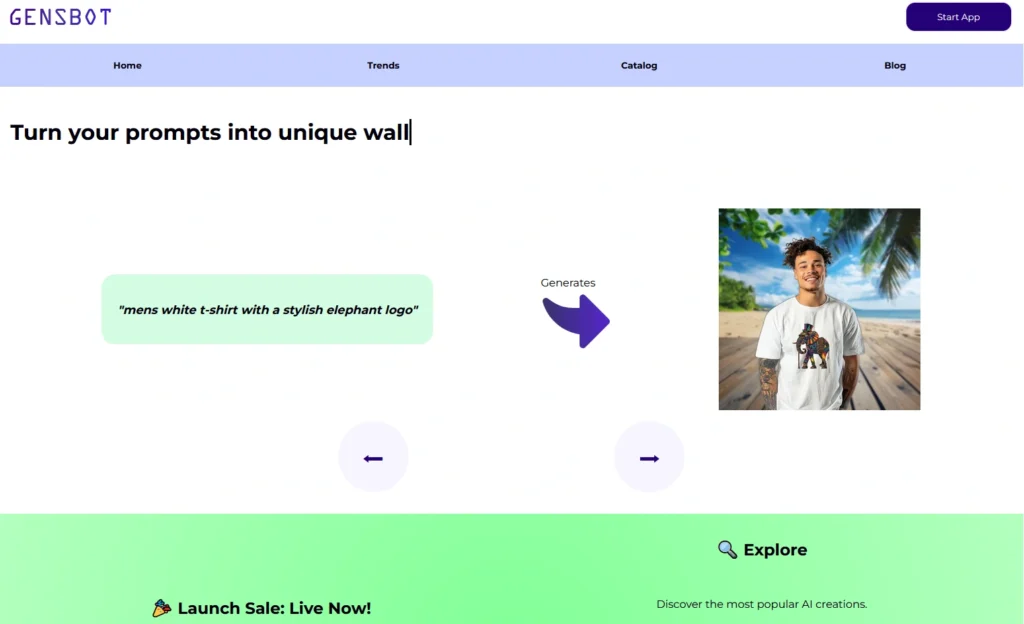 Gensbot interface showing homepage