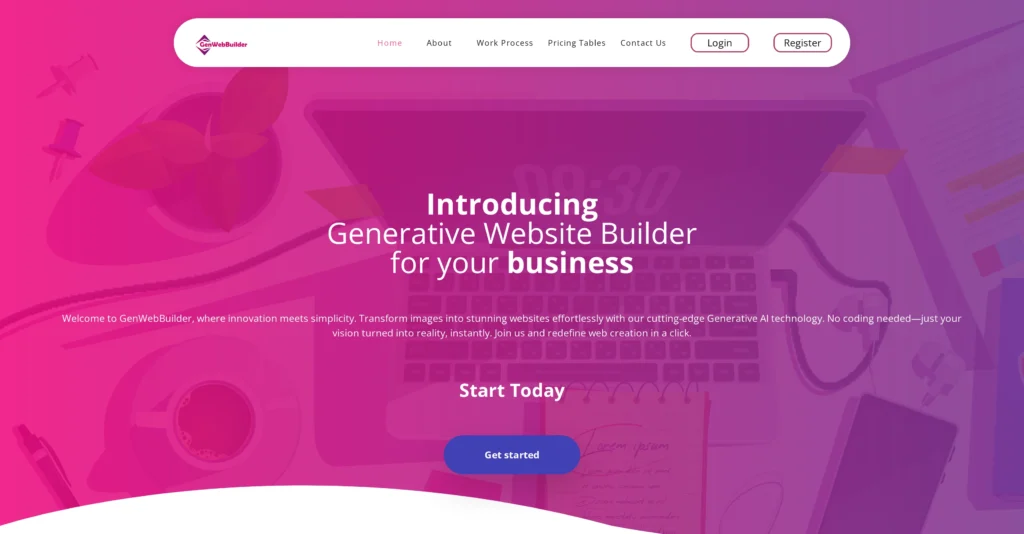 GenWebBuilder interface showing homepage