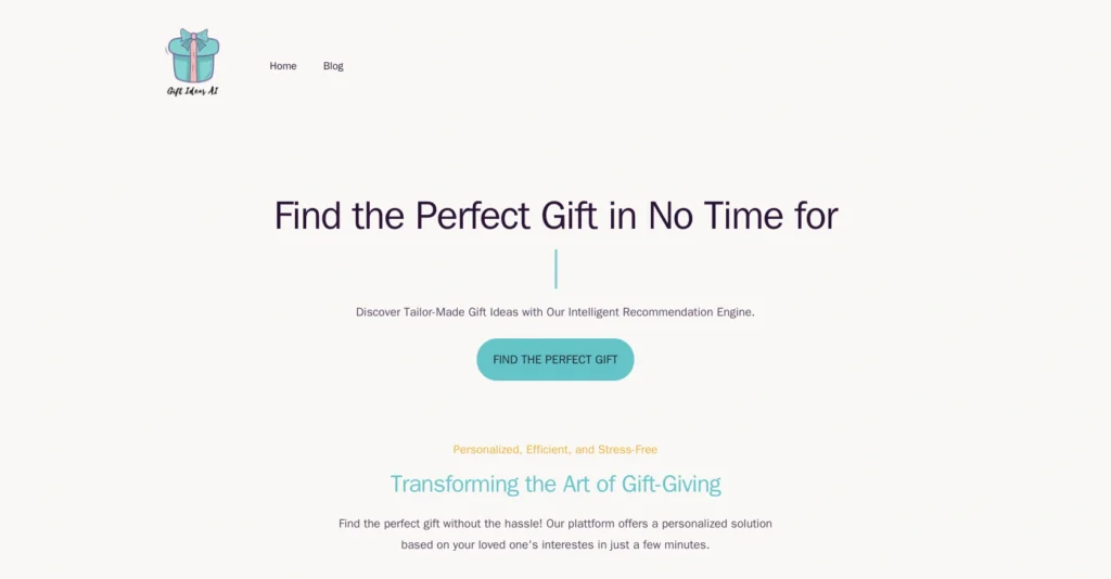 GiftIdeasAI interface showing homepage