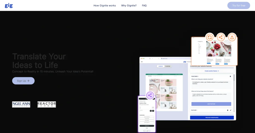 Gignite interface showing homepage