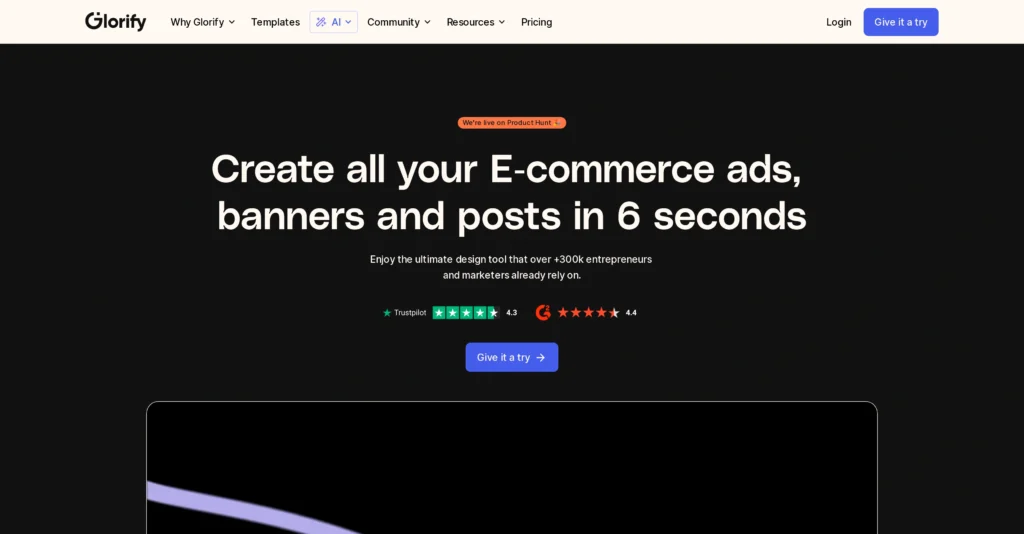 Glorify interface showing homepage