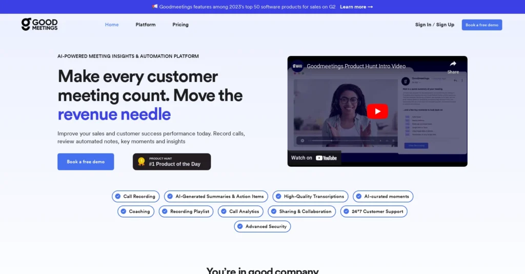 Goodmeetings interface showing homepage