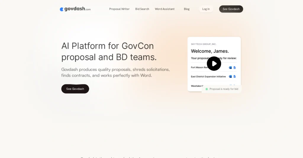 Govdash interface showing homepage