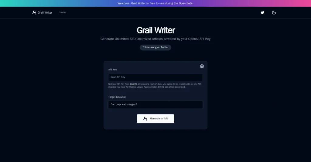 Grail Writer interface showing homepage