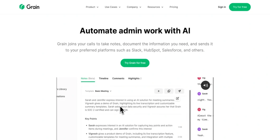 Grain AI interface showing homepage