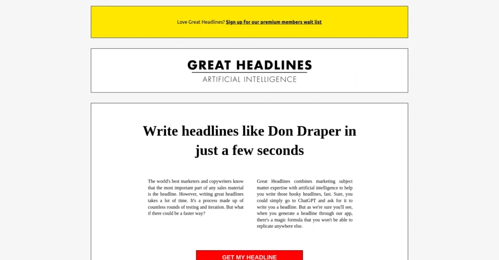 Great Headlines interface showing homepage