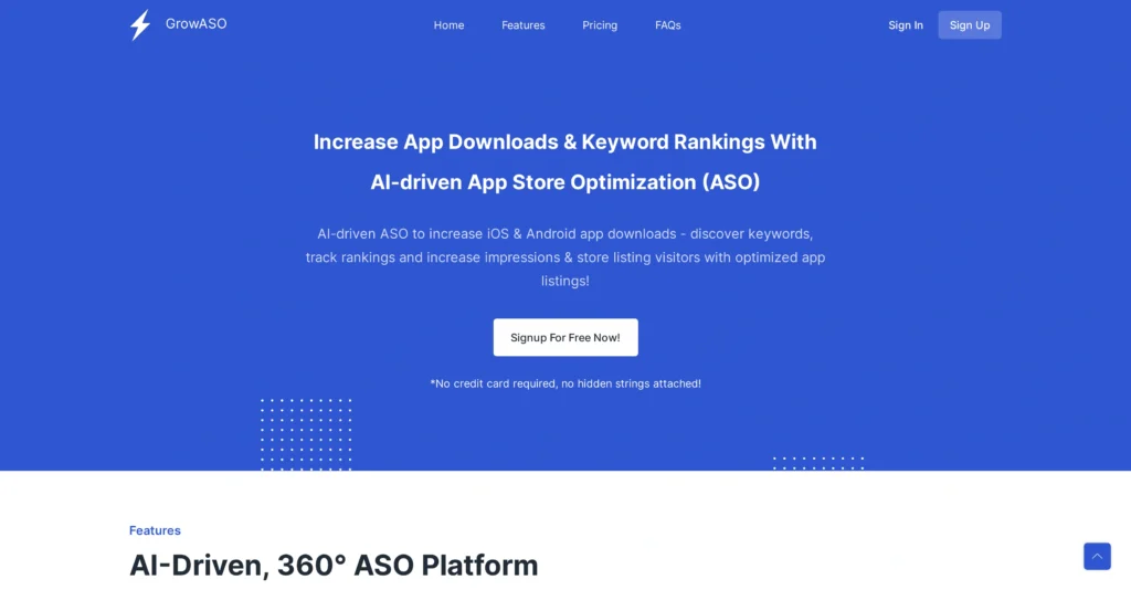 GrowASO - AI App Store Optimization (ASO) interface showing homepage