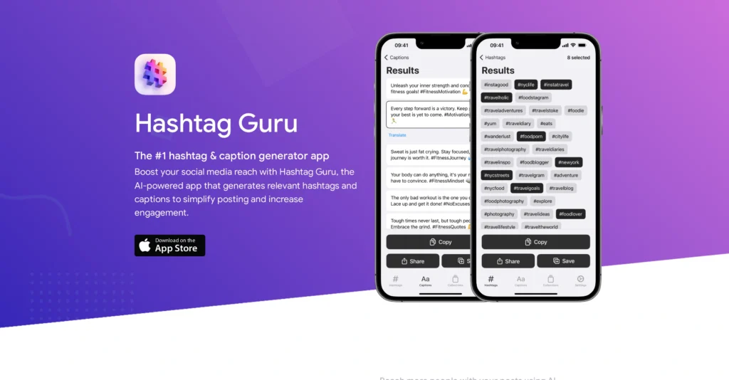 Hashtag Guru interface showing homepage