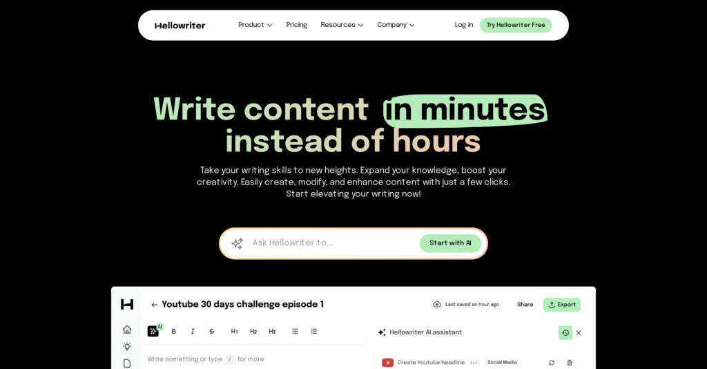 Hellowriter interface showing homepage