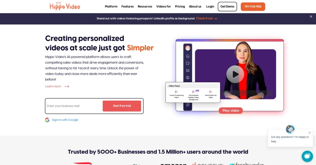 Hippo Video interface showing homepage