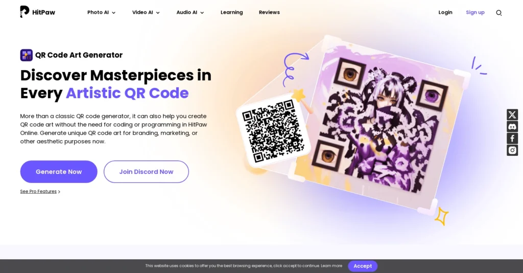 HitPaw QR codes interface showing homepage