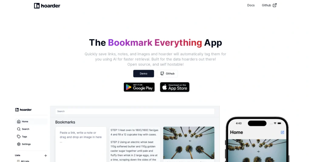 Hoarder interface showing homepage