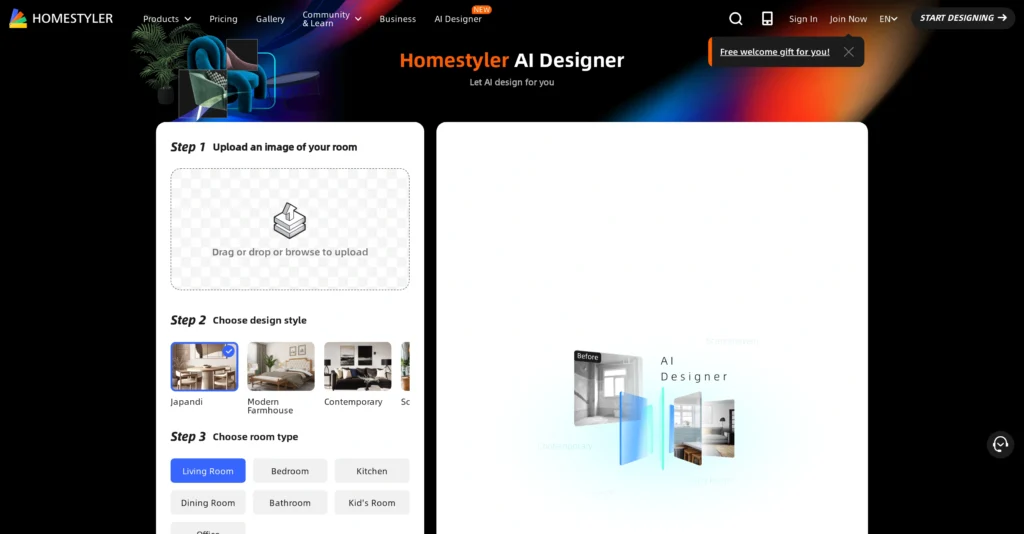 Homestyler interface showing homepage